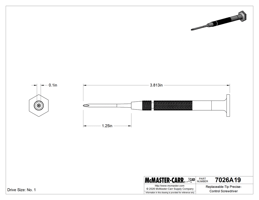Technical Drawing of Precise-Control Screwdriver, Black-Oxide Steel, Number 1 Phillips.